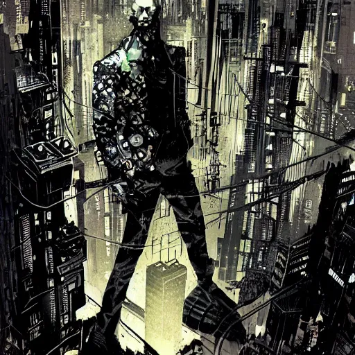 Prompt: cyberpunk city noir by dave mckean and mike mignola