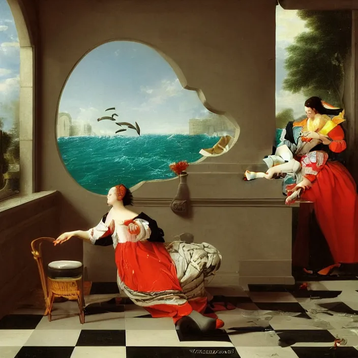 Image similar to pieter de hooch, dolphins, trending on artstation, highly detailed, vaporwave surreal ocean, dolphins, pool, checkerboard pattern underwater, cuastics, award winning masterpiece with incredible details, artstation, a surreal vaporwave vaporwave vaporwave vaporwave vaporwave painting by thomas cole of old pink marble mannequin head