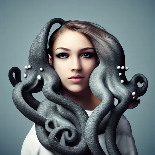 Prompt: girl with a gray octopus for hair, beautiful face, pretty face, photorealistic, 4 k resolution, wide angle lens, 1 5 mm, depth of field, serene, digital art.