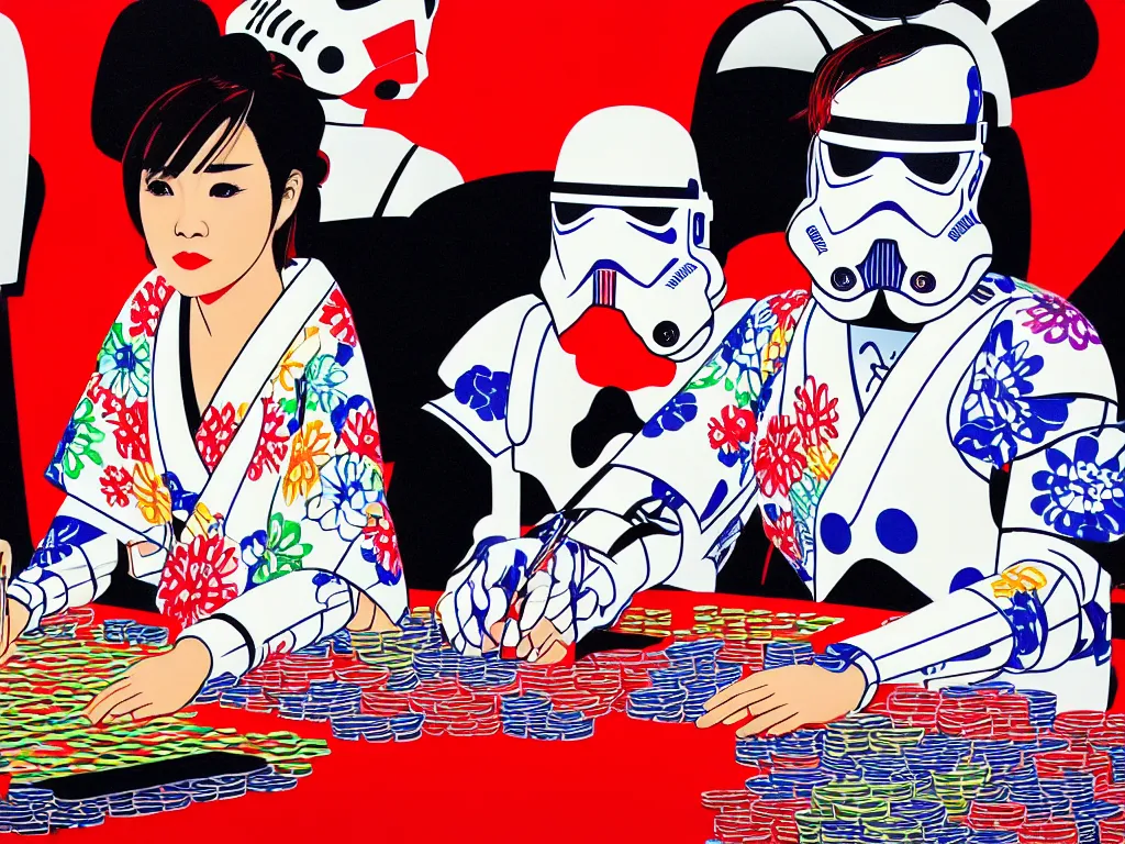 Prompt: hyperrealism composition of the detailed single woman in a japanese kimono sitting at an extremely detailed poker table with stormtrooper, fireworks, river on the background, pop - art style, jacky tsai style, andy warhol style, acrylic on canvas