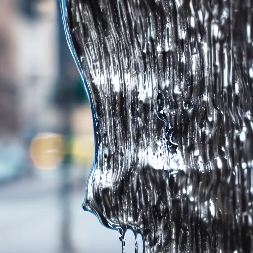 Image similar to photo of a dripping chrome blob melting on a city street macro