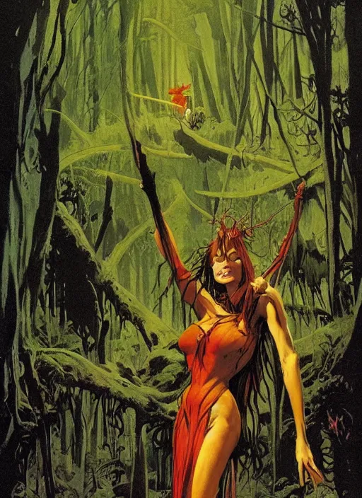 Image similar to mighty fey queen, vine dress, glowing forest, strong line, eerie color, beautiful! coherent! by frank frazetta, by brom