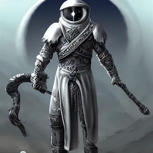 Prompt: moon theme magic rogue warrior with silver robes, highly detailed, 4k, HDR, award-winning, cinematic, artstation