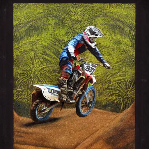 Prompt: motocross rider on dirt jump, garden of earthly delights painting by jerome bosch