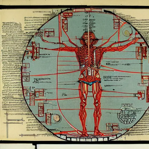 Prompt: a brilliantly colored scroll of an exploded diagram of a detailed engineering schematic of a cyborg samurai in the pose vitruvian man in the style of jean giraud