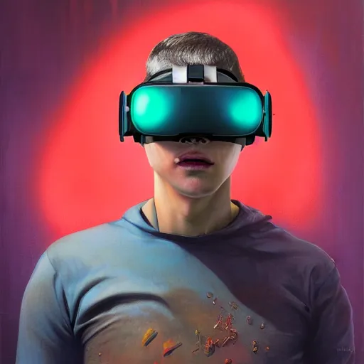 Prompt: vibrant portrait of masked cyberpunk hero with Oculus VR headset with an oxygen tank on the art deco streets of the big city, award-winning realistic sci-fi concept art by Jim Burns and Greg Rutkowski, Picasso, Beksinski, masterpiece, complimentary colors, James Gilleard, Bruegel, artstation, Alphonse Mucha, and Yoshitaka Amano