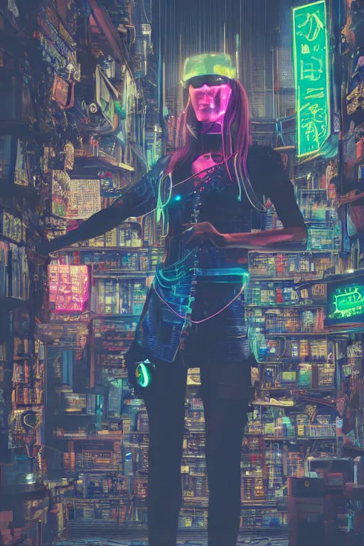 Prompt: cyberpunk shopkeeper, glow, sharp focus, beautiful, grunge, fantasy, cyber