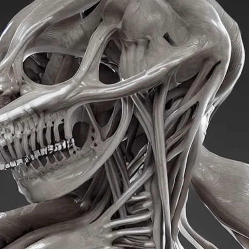 Image similar to A Bio Piano made of human skin, sinew, muscle tissue and bone, 8k octane render highly detailed in the style of H.R. Giger.