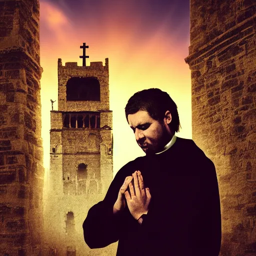 Image similar to Digital portrait of a terrified catholic priest in his twenties fervently praying at the top of a medieval tower. He is looking horrified as a yellow shadow descends upon him from the night sky. Dramatic lighting. Award-winning digital art, trending on ArtStation