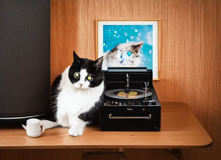 Image similar to photography of a Cat sitting on a record player. in a room full of posters, photorealistic, raining award winning photo, 100mm, sharp, high res