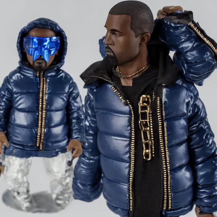 Prompt: a action figure of kanye west using a full face covering black mask, a small, tight, undersized reflective bright blue round puffer jacket made of nylon, dark jeans pants and big black balenciaga rubber boots, figurine, detailed product photo