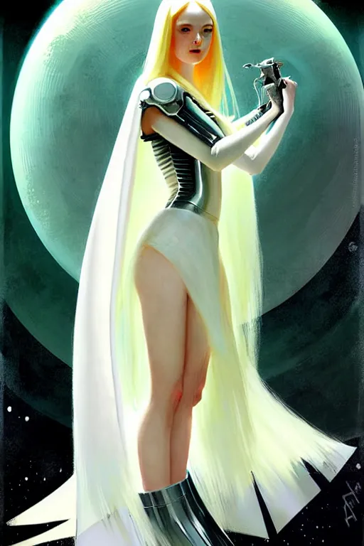 Image similar to pulp scifi fantasy illustration full body android girl, very long white hair, cape, futuristic design, crafting, diy, by norman rockwell, roberto ferri, daniel gerhartz, edd cartier, jack kirby, howard brown, ruan jia, tom lovell, jacob collins, dean cornwell, astounding stories, amazing, fantasy, other worlds