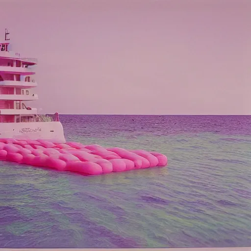 Image similar to a pastel colour high fidelity wide angle Polaroid art photo from a holiday album at a seaside of a large luxury pink ship in the sea surrounded by abstract inflatables parachute art, all objects made of transparent iridescent Perspex and metallic silver, a grid of sun beds iridescence, nostalgic