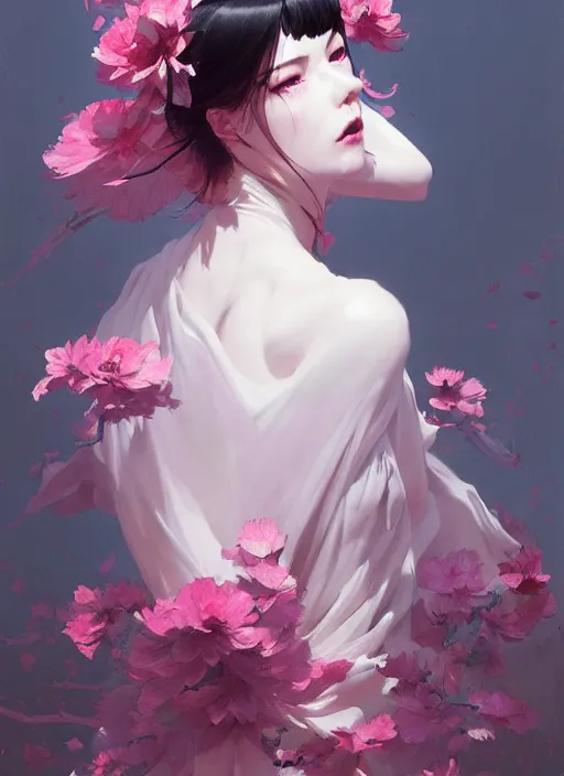 Prompt: character design by james jean, ruan jia, ilya kuvshinov, martine johanna, jakub rebelka ( ( ( portrait of sexy dark fallen angel in seductive luxurious flowy flowery dress ) ) ) emerging from lighting and powerful thunder, sharp edges. ultra detailed, majestic, intricate,