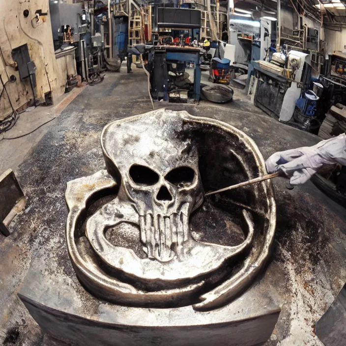 Prompt: wide angle shot of molten metal being poured into a mold in the shape of a punisher skull emblem. background is firey foundry. detailed, high art, intricate, artisan