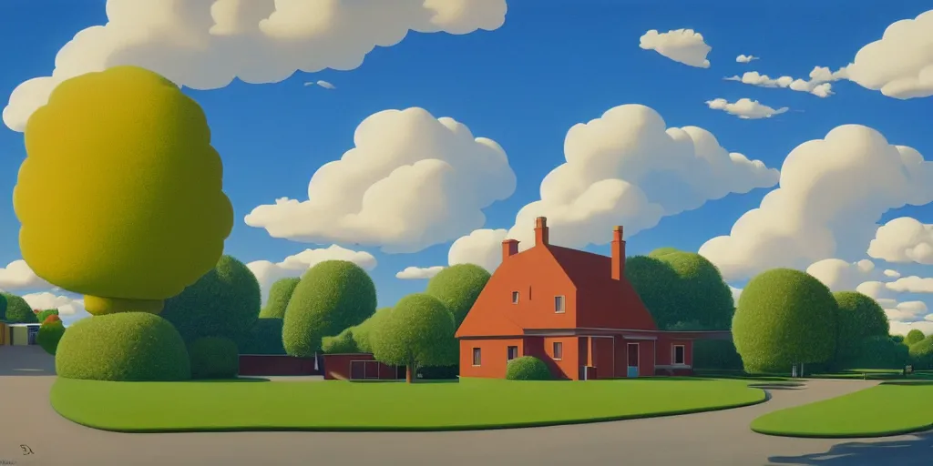 Prompt: the simpsons house clouds, blue sky, summer evening, kenton nelson