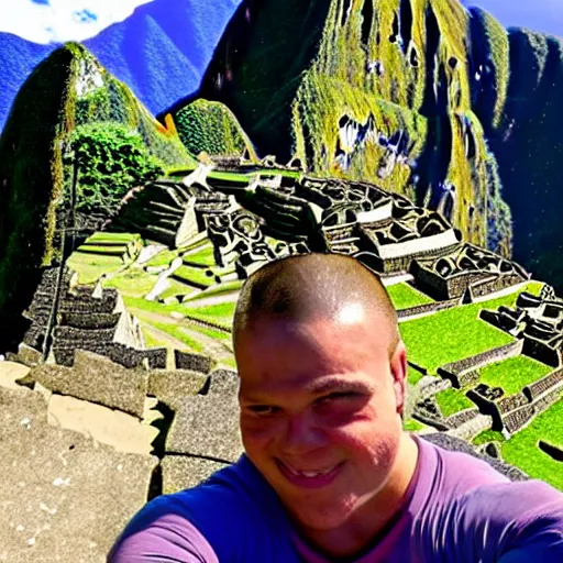 Image similar to Shrek taking a selfie on macchu picchu