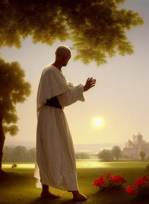 Prompt: oil painting portrait of a tonsured dominican monk in a white habit, striding dancing through a flourishing garden at sunset with a monastery in the background, hazy, digital art, chiaroscuro, artstation, cinematic, golden hour, digital art painting by greg rutkowski, william - adolphe bouguereau, hazy atmosphere, flowers, cinematic lighting