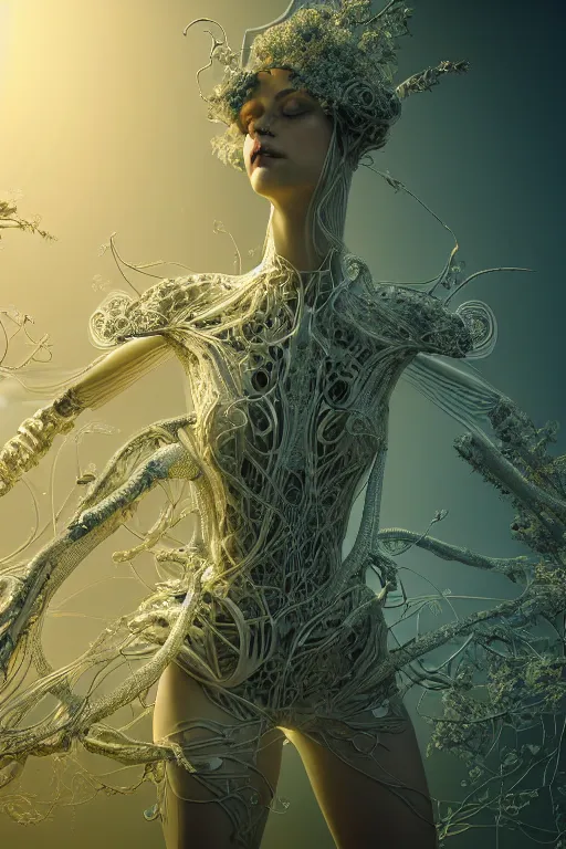 Prompt: intricate hyper detailed ultra sharp 3 d render, unity of mood, biomechanical cyborg ladies dancing, atmospheric, foliage, white large pore fungi, cyberpunk art nouveau, haute couture alexander mcqueen leaves stems dahlia blooming transparent fractal filigree roots, intricate details, octane render, volumetric cinematic lighting, natural beautiful light, yellow infrared, lumiol, 8 k,