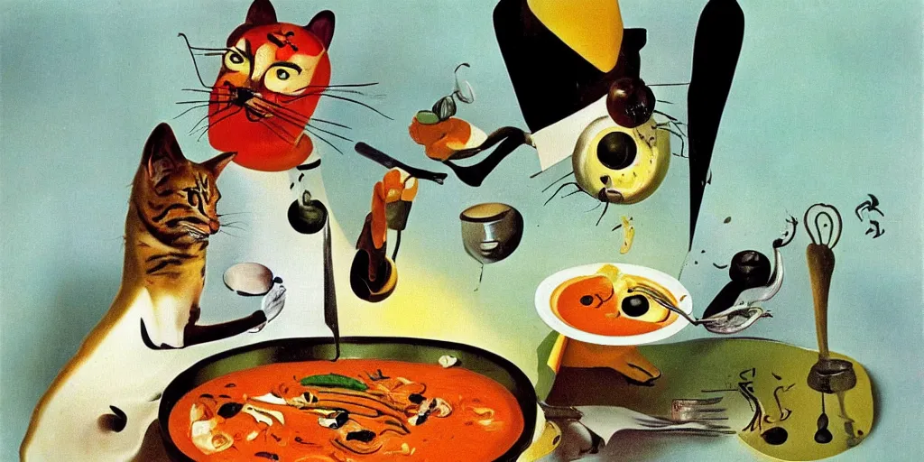 Image similar to anthropomorphic cat chef cooking a delicious colorful soup, by Salvador Dali