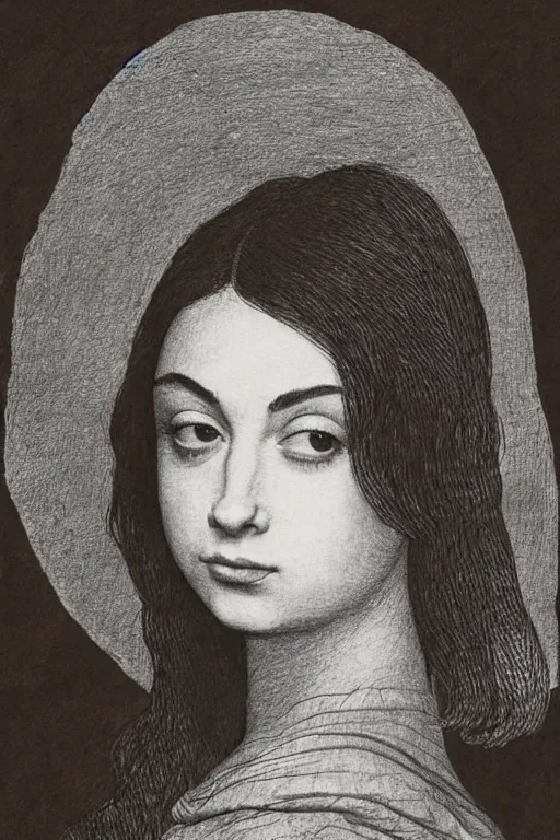 Prompt: a portrait of charli xcx in the style of leonardo da vinci drawing,, single head, no double head,