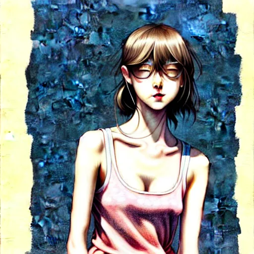 Image similar to richly detailed color  illustration of a dainty pretty young woman wearing a tank top, 'Southern Death Cult' is the theme, very soft shadowing, smooth textures, large scale image. art by Range Murata.