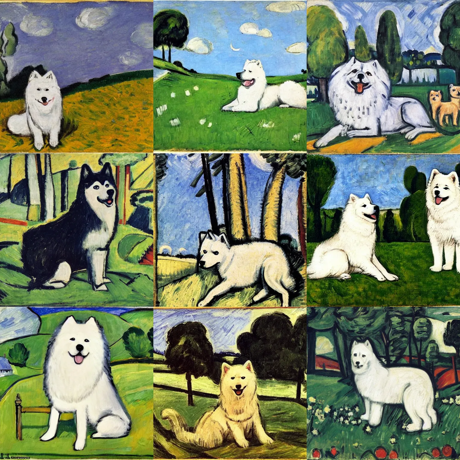 Prompt: a samoyed dog sitting in the middle of sunny meadow, by max beckmann
