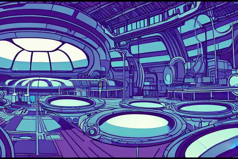 Prompt: a scifi illustration, factory interior. parallax birds eye view. fisheye. vats of fluid. flat colors, limited palette in FANTASTIC PLANET La planète sauvage animation by René Laloux