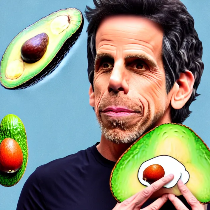 Image similar to ultra realistic illustration of ben stiller in the shape of an a ocado, centered, double exposure, in the lotus position meditating with closed eyes, balancing stack of avocado, symmetrical, beautiful painting