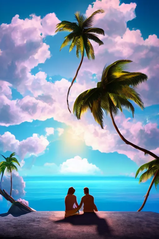 Image similar to conceptual art of 1 couple sitting on a cloud with palms, high in the sky above a paradisiac Caribbeans, mattepainting concept pixar maya engine on stylized background global illumination lighting artstation, in the style of Michelangelo