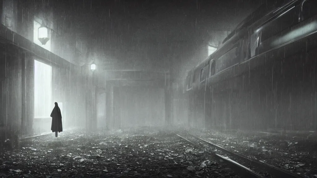 Image similar to Animated film still, medium distance, a cloaked figure with glowing white eyes wandering through an abandoned train station in an alien city at night, melancholic atmosphere, light rain, dramatic depth of field, cinematic lighting, volumetric fog, hyperdetailed 3D matte painting, 8k ultraHD octane render, award-winning animated short film inspired by Studio Ghibli