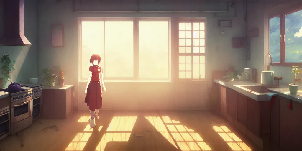 Prompt: interior background art, bright window lit kitchen, morning, steaming food on the stove, wooden floors, houseplants, cottage decor, gapmoe yandere grimdark, trending on pixiv fanbox, painted by greg rutkowski makoto shinkai takashi takeuchi studio ghibli, akihiko yoshida