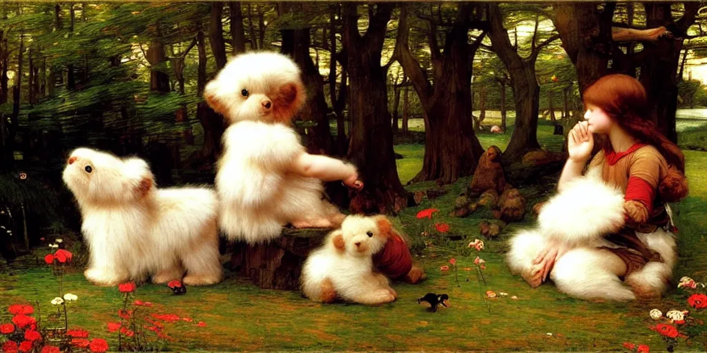 Image similar to 3 d precious moments plush animal, realistic fur, master painter and art style of john william waterhouse and caspar david friedrich and philipp otto runge