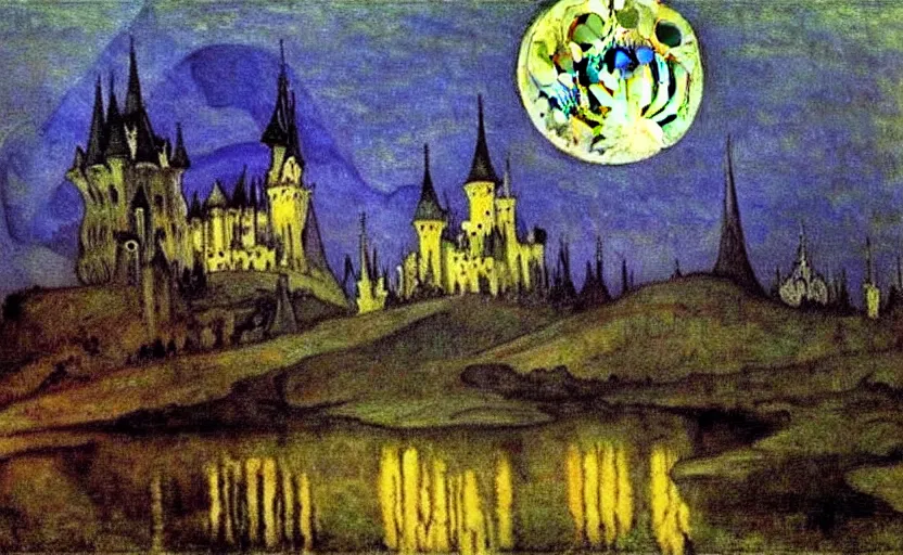 Image similar to oil painting by mikhail vrubel, full moon, french gothic burning! castle, bats flying away from castle, blur, bokeh,