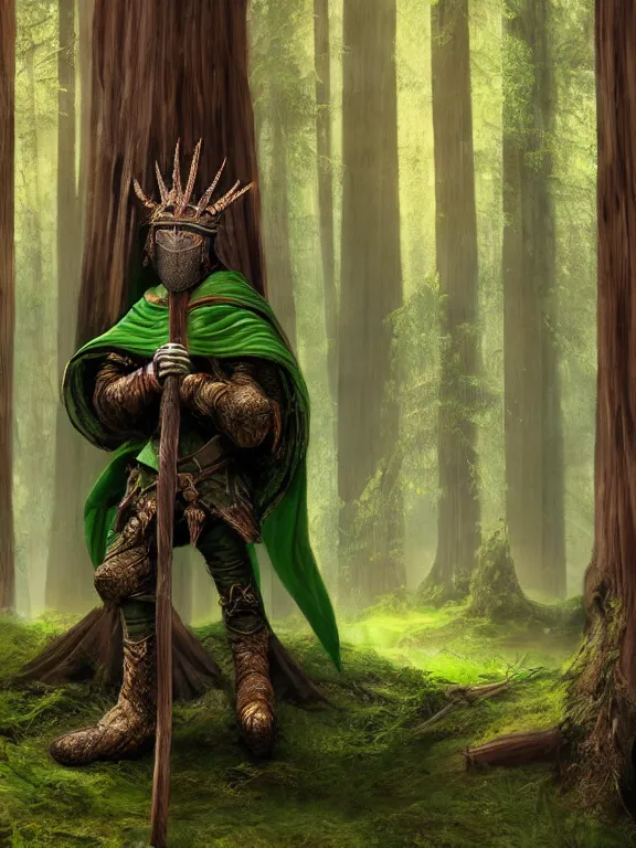 Prompt: full portrait of a green knight, giant wooden club, wooden bark armor, green cloak, in a redwood forest, high fantasy, highly detailed, matte painting, midjourney