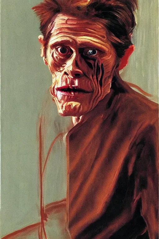 Image similar to willem dafoe, portrait, painting by francis bacon