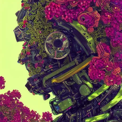 Prompt: colourful vfx art - portrait of army mecha robot wrapped in flowers & vines, art by utagawa kunisada, volumetric light, ray tracing, sharp, detailed, digital painting, illustration, highly detailed, intricate detail, unreal engine, octane render, pinterest, behance, art station,