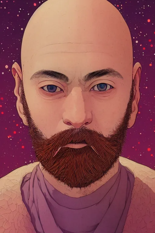 Prompt: a colorful closeup portrait of a beautiful young bald man with a very long wild beard dreaming psychedelic hallucinations in the vast icy landscape of antarctica, by kawase hasui, moebius and edward hopper, colorful flat surreal design, hd, 8 k, artstation