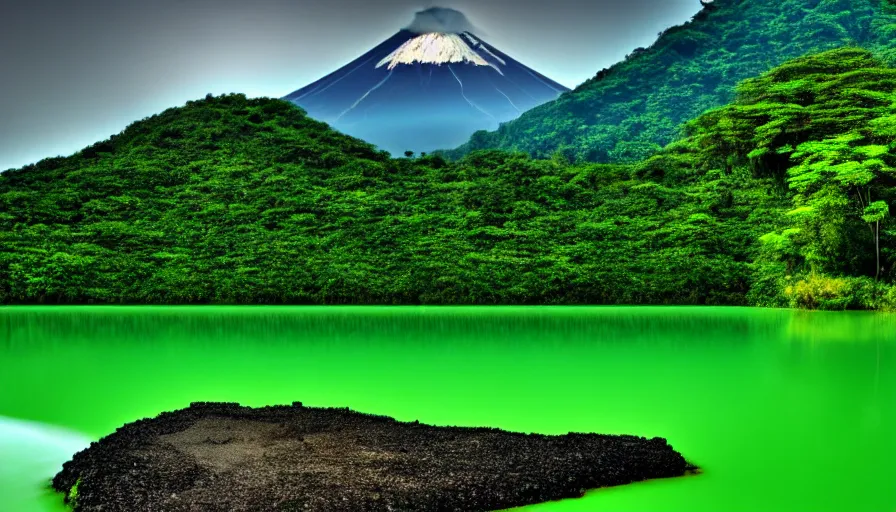 Prompt: a beautiful green scene, guatemalan lake full of water, volcano in background, high definition, beautiful award winning photography, 8 k.