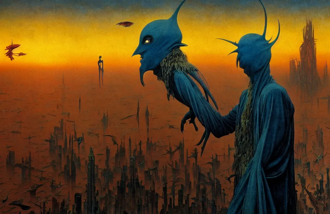 Image similar to realistic detailed portrait movie shot of a birdman wearing dark ragged robes, futuristic city sunset landscape background by denis villeneuve, amano, yves tanguy, alphonse mucha, ernst haeckel, max ernst, roger dean, rich moody colours, blue eyes