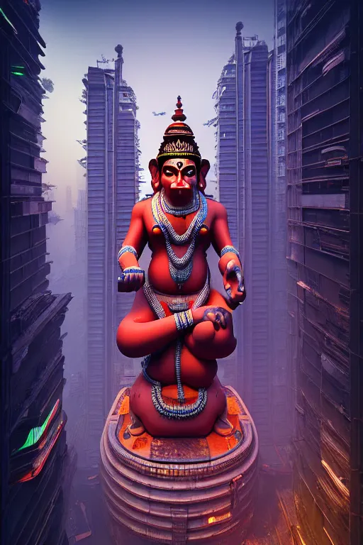 Image similar to high quality 3 d render cyberpunk mumbai!, kalighat hanuman!! head highly detailed, cinematic smooth unreal engine, lee madgwick, hard morning light, long shot, low angle, uhd 8 k, sharp focus