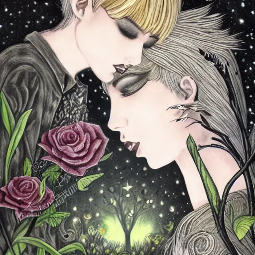 Prompt: blond butch tomboy woman, side by side, taller goth black - haired dark fae woman, in love, romantic in romantic garden at night, mike mignogna, illustration, pen and ink, oil painting, highly detailed, sci fi, dreamy and romantic