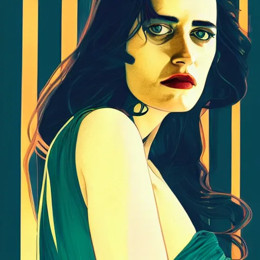 Image similar to Close-up portrait of Eva Green, Joshua Middleton artwork, dramatic backlighting, golden hour, autochrome, high contrast, highly detailed, sharp focus, digital painting, concept art, illustration, cyberpunk, solarpunk, trending on artstation, art by Phil Noto and Alex Toth, composition by alphonse mucha