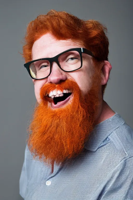 Prompt: full body photo of a 5 0 year old ginger men, full hair, large and crooked teeth and mouth, nerdy appearance, smooth, sharp, 8 5 mm, f / 1. 3