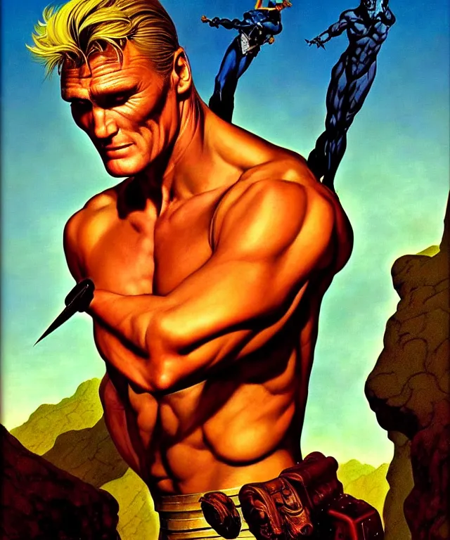 Image similar to a ( fantasy comic ) ( cover art ) portrait of ( dolph lundgren ) as a ( sellsword ), oil painting by maxfield parrish and michael whelan and frank kelly freas and frank frazetta and artgerm, inspired by caravaggio, d & d, highly detailed!, hd, 4 k, trending on artstation