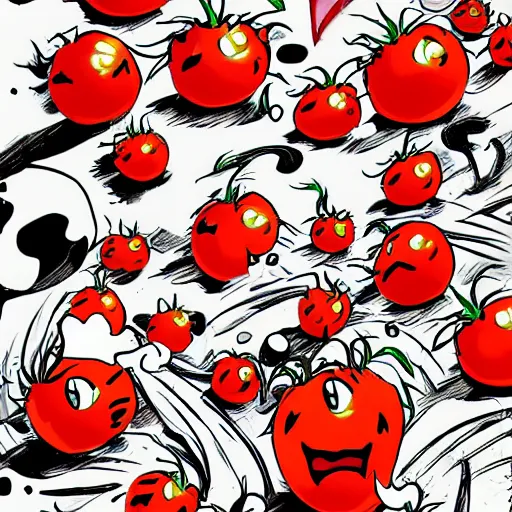 Image similar to attack of the killer's tomatoes. anime style