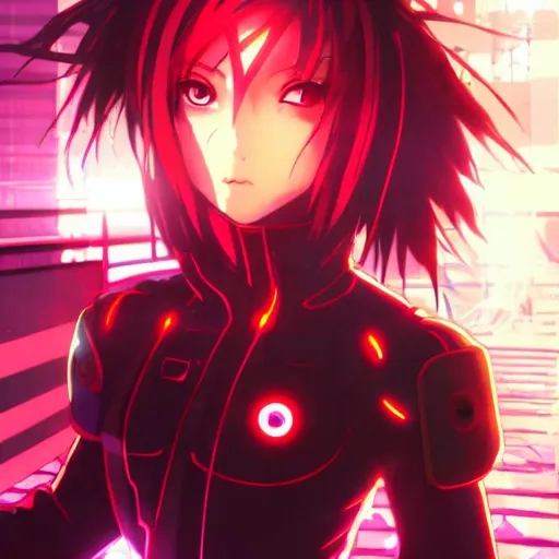 Prompt: anime cyberpunk movie still animatrix, small female android cyborg - angel, glowing red left eye and glowing blue right eye, cinematic lighting, advanced digital cyberpunk art, wlop, rossdraws sakimimichan, ilya kuvshinov, krenz cushart, greg rutkowski - c 1 5