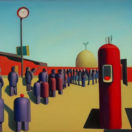 Image similar to robots queue up for ice cream, grant wood,! pj crook!,! edward hopper!, oil on canvas