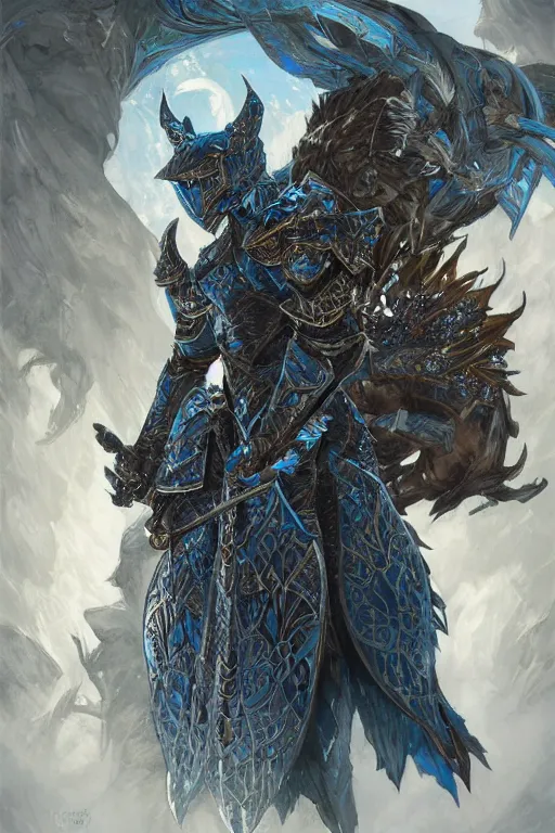 Image similar to Fantasy knight wearing an intricate azure wolf themed full plated armor, moonlit, HD, illustration, epic, D&D, fantasy, intricate, elegant, highly detailed, digital painting, artstation, concept art, smooth, sharp focus, illustration, art by artgerm and greg rutkowski and alphonse mucha, monster hunter illustrations art book