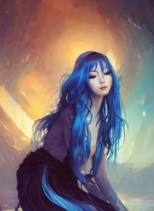 Image similar to stunningly beautiful female blue hair, dj sura face, fantasy art, dark light night, sharp focus, digital painting, 8 k, concept art, art by wlop, artgerm, greg rutkowski and alphonse mucha